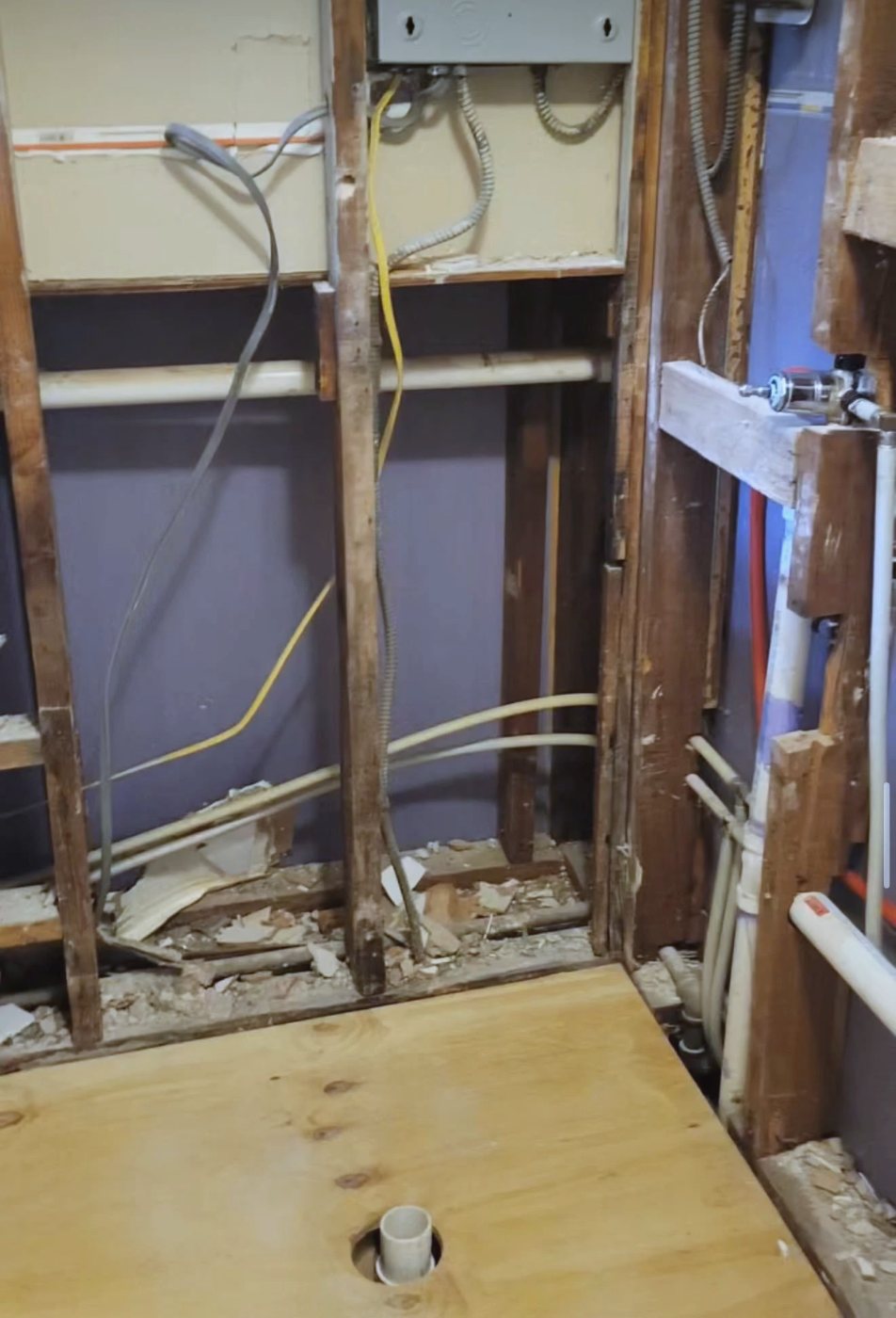 Bathroom opened to the studs with new PEX water lines and drain rough-in